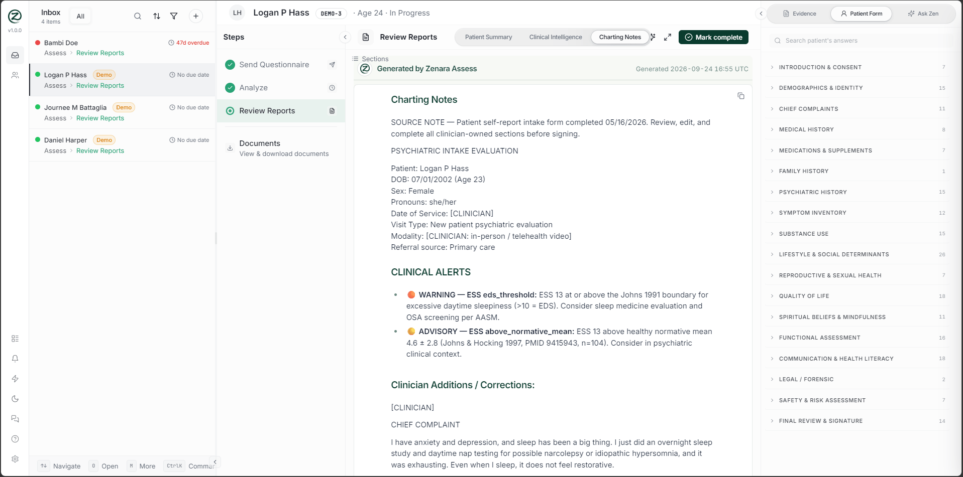 Zenara Assess clinician-review screen showing information organized for review.