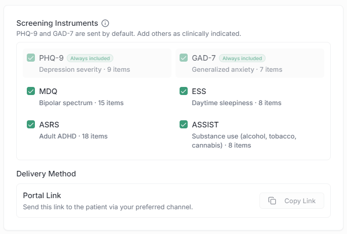 Assess screen showing screening instruments and a patient delivery method.